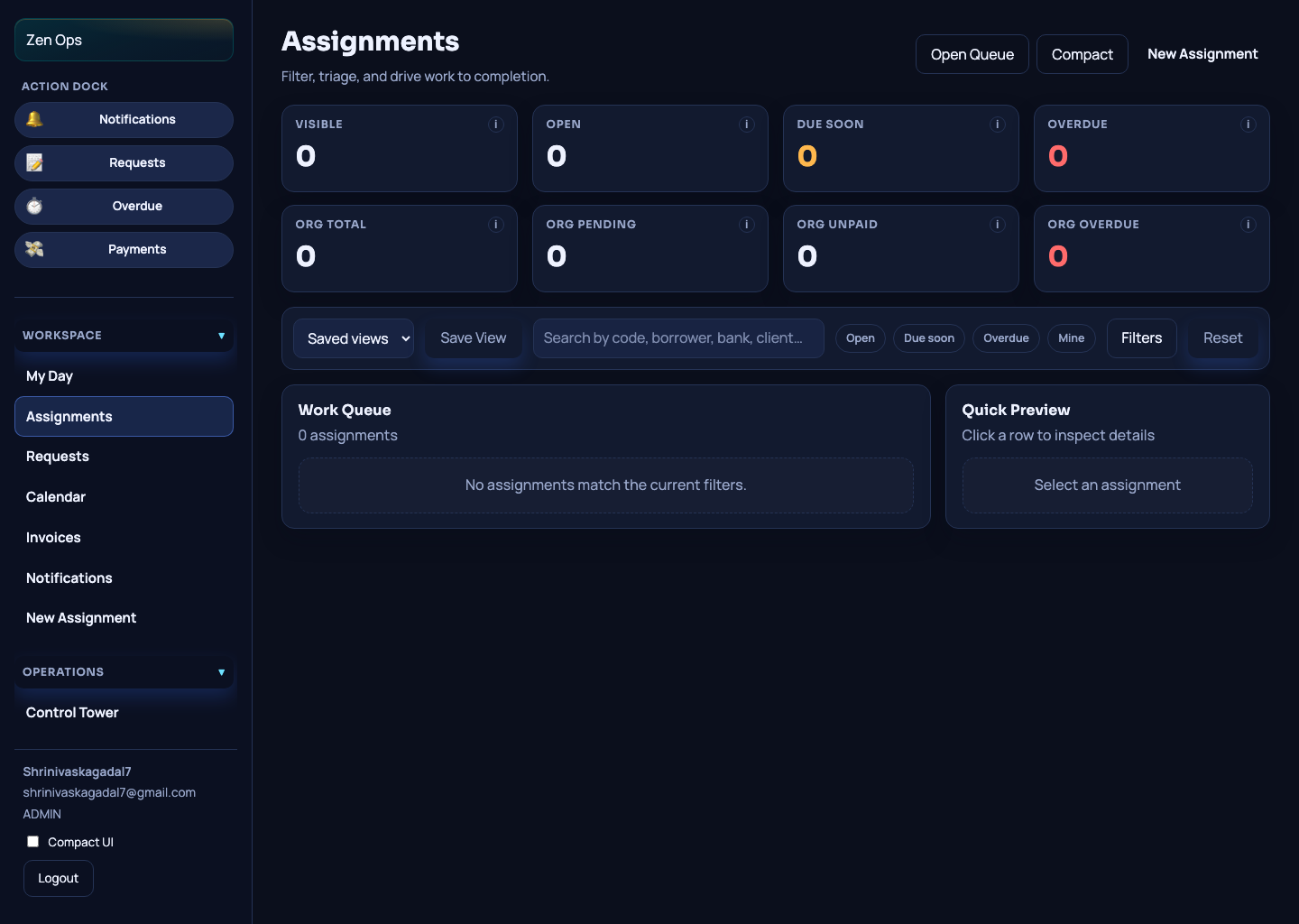 Maulya live assignments view showing queue state and operator actions.