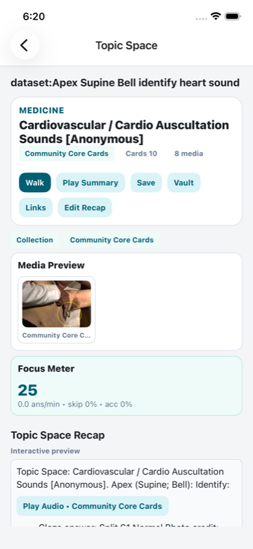 Revalk topic space with walk actions, media preview, and focus meter.