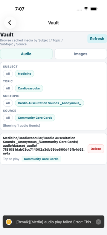 Revalk Vault audio browser with subject and topic filters.